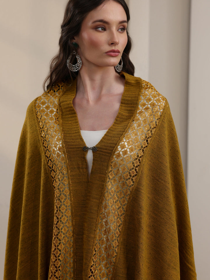 Libas Mustard Mesh Knitted Acrylic Wrap Shawl