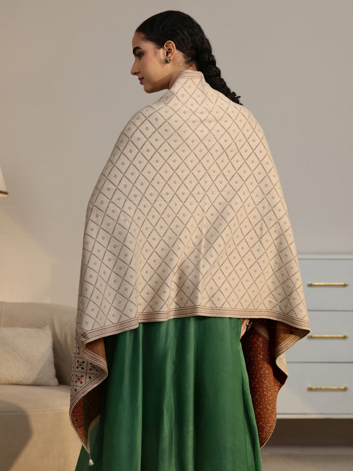 Libas Off White Geometric Knitted Acrylic Wrap Shawl