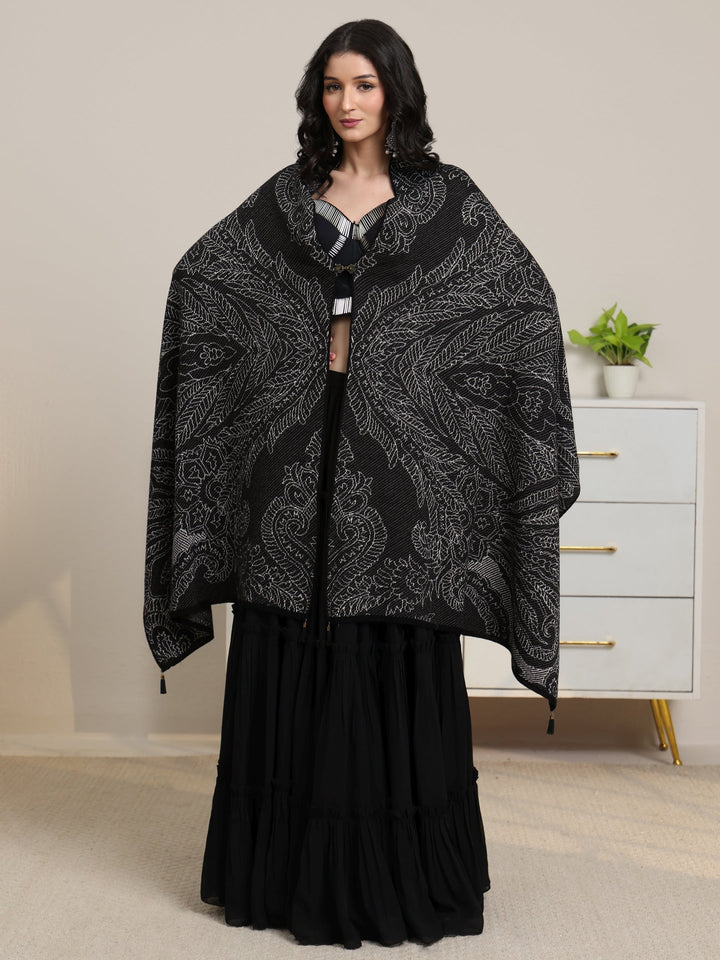 Libas Black Floral Knitted Acrylic Wrap Shawl