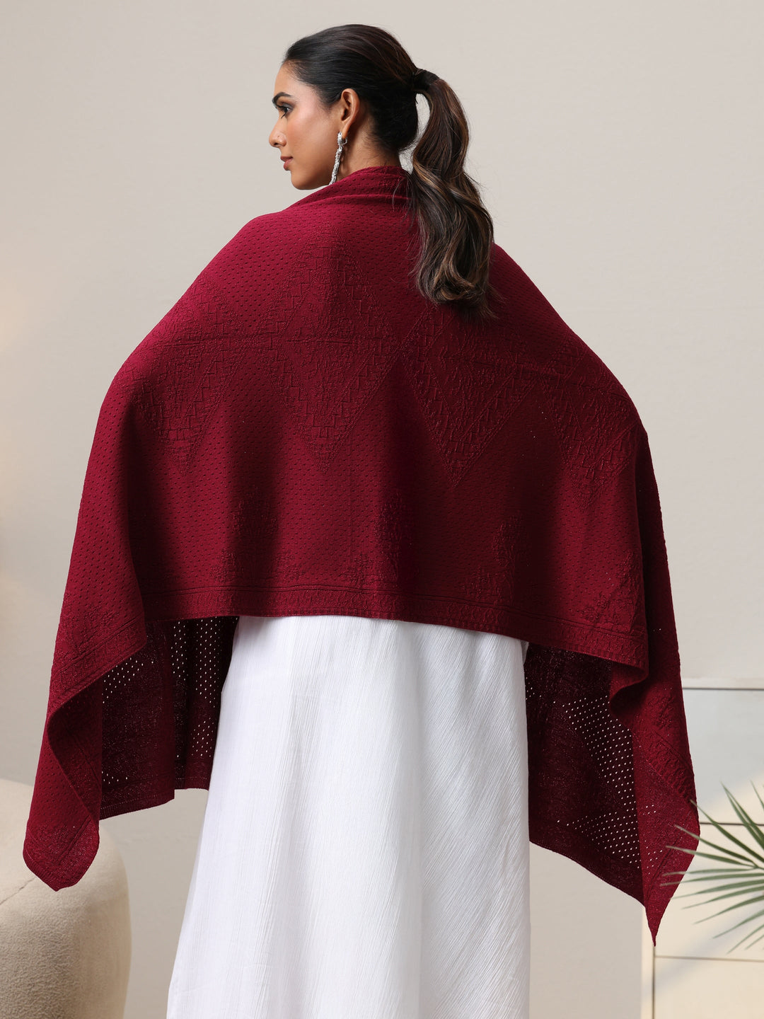Libas Maroon Knitted Acrylic Wrap Shawl
