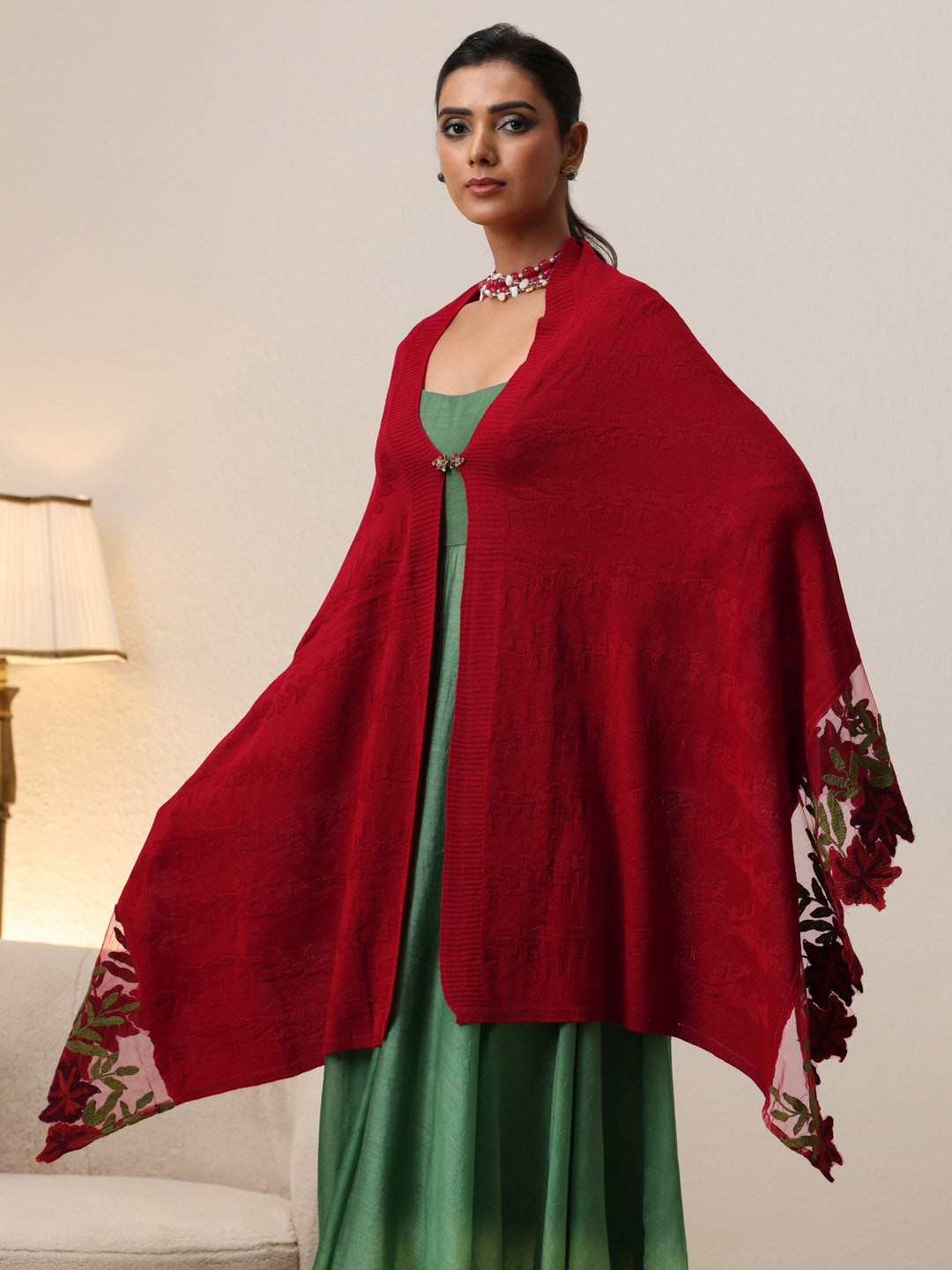 Libas Red Floral Knitted Acrylic Wrap Shawl