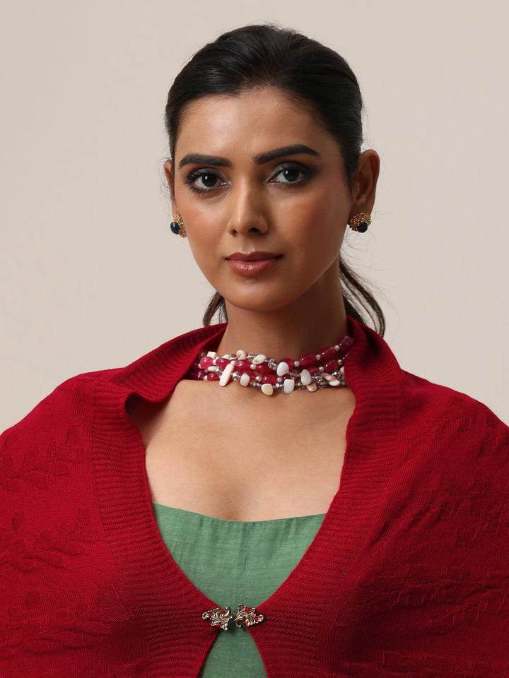 Libas Red Floral Knitted Acrylic Wrap Shawl