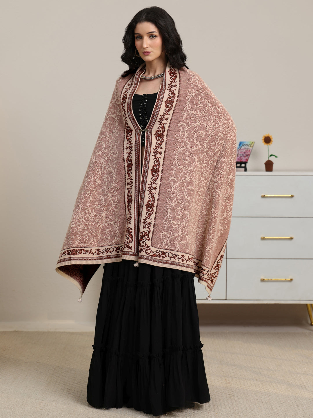 Libas Dusty Pink Floral Knitted Acrylic Wrap Shawl