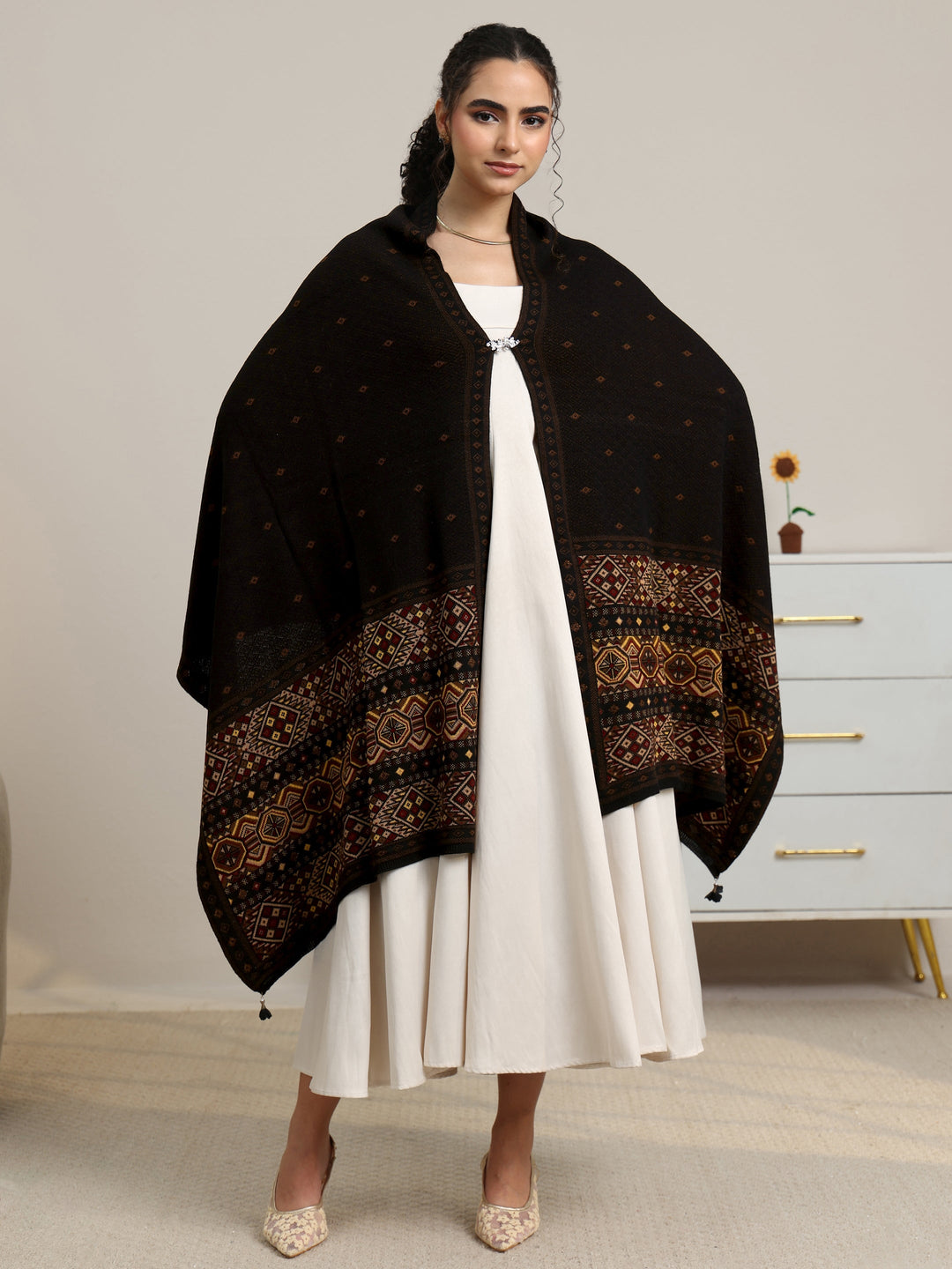Libas Black Ethnic Knitted Acrylic Wrap Shawl