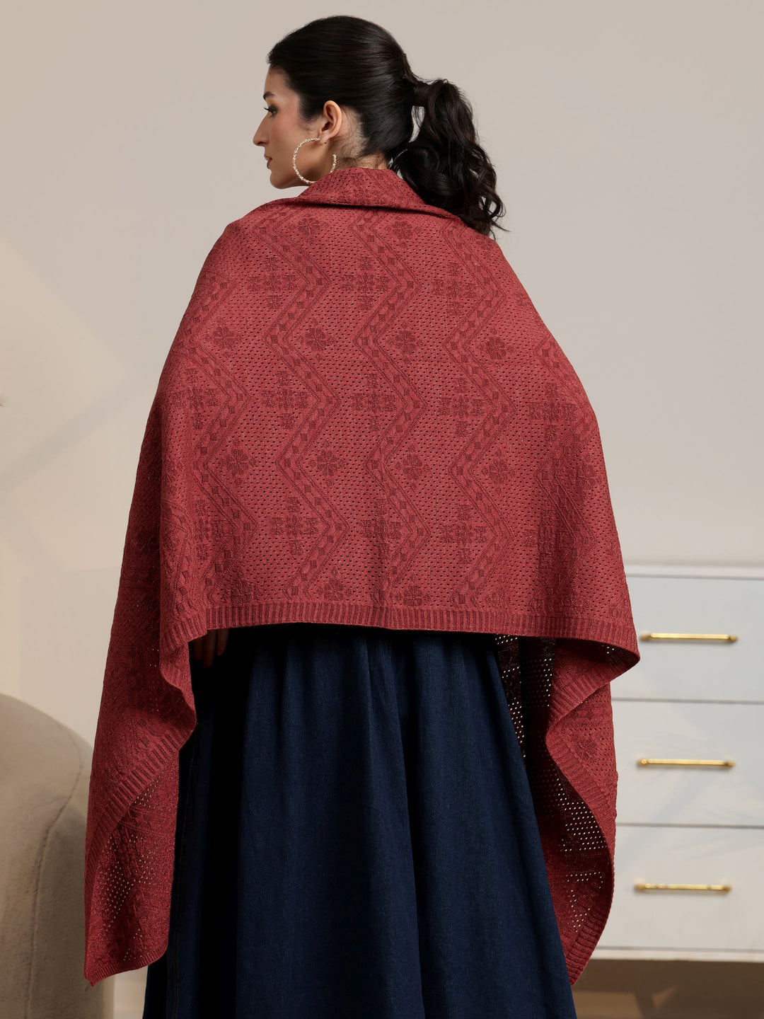 Libas Rust Red Chevron Knitted Acrylic Wrap Shawl