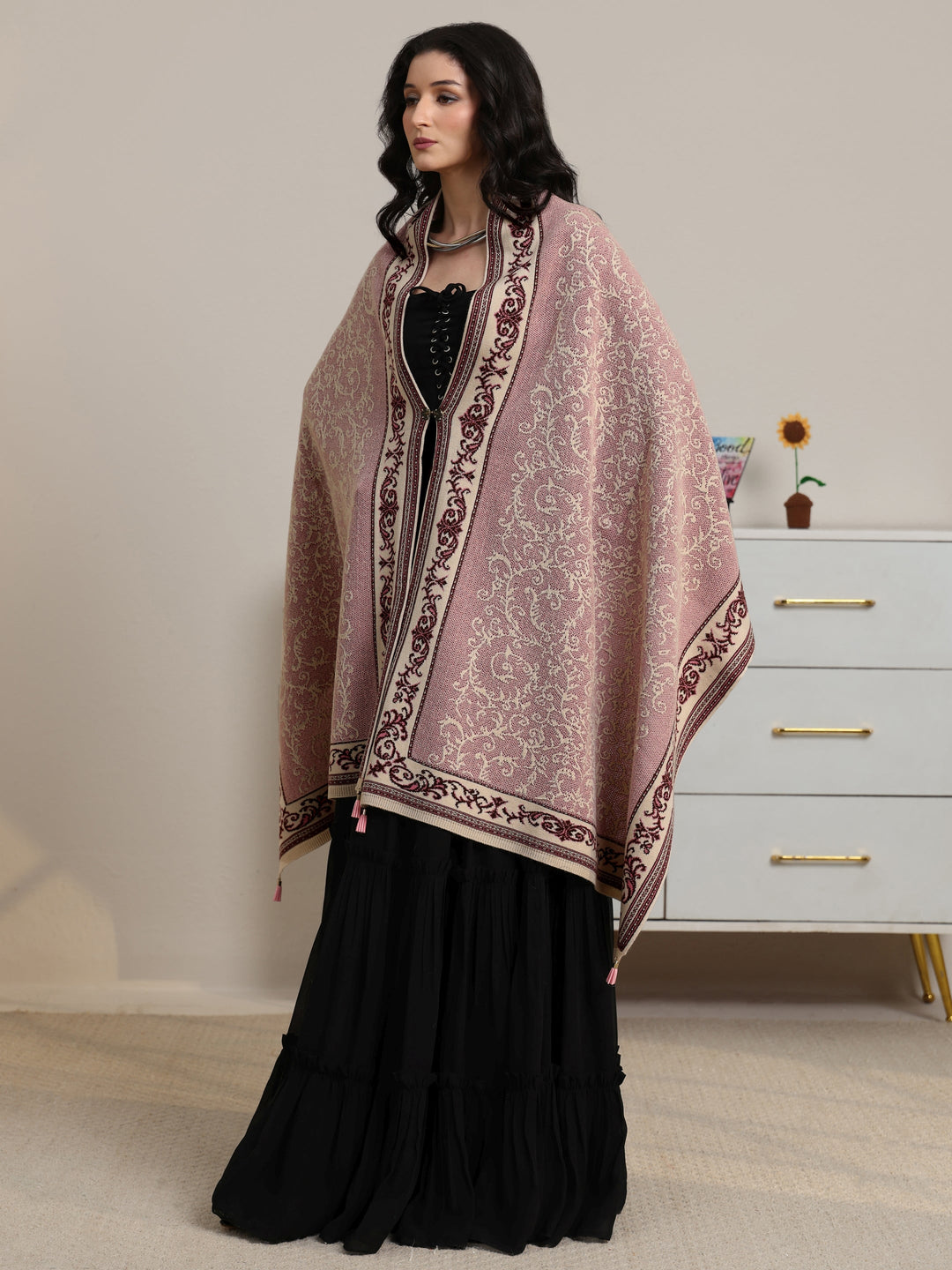 Libas Dusty Pink Floral Knitted Acrylic Wrap Shawl