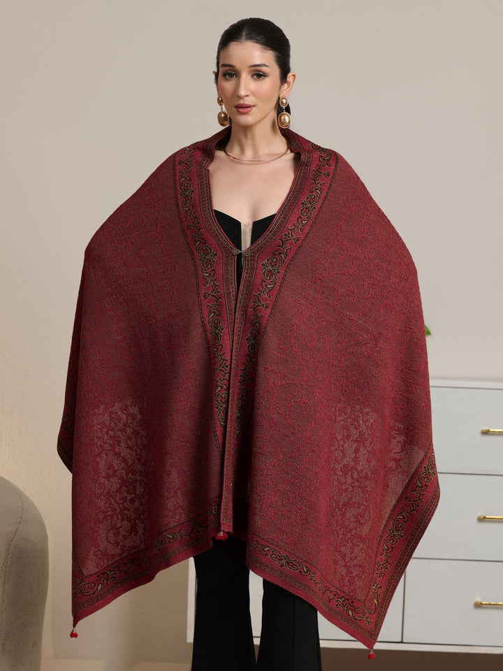 Libas Rust Red Floral Knitted Acrylic Wrap Shawl