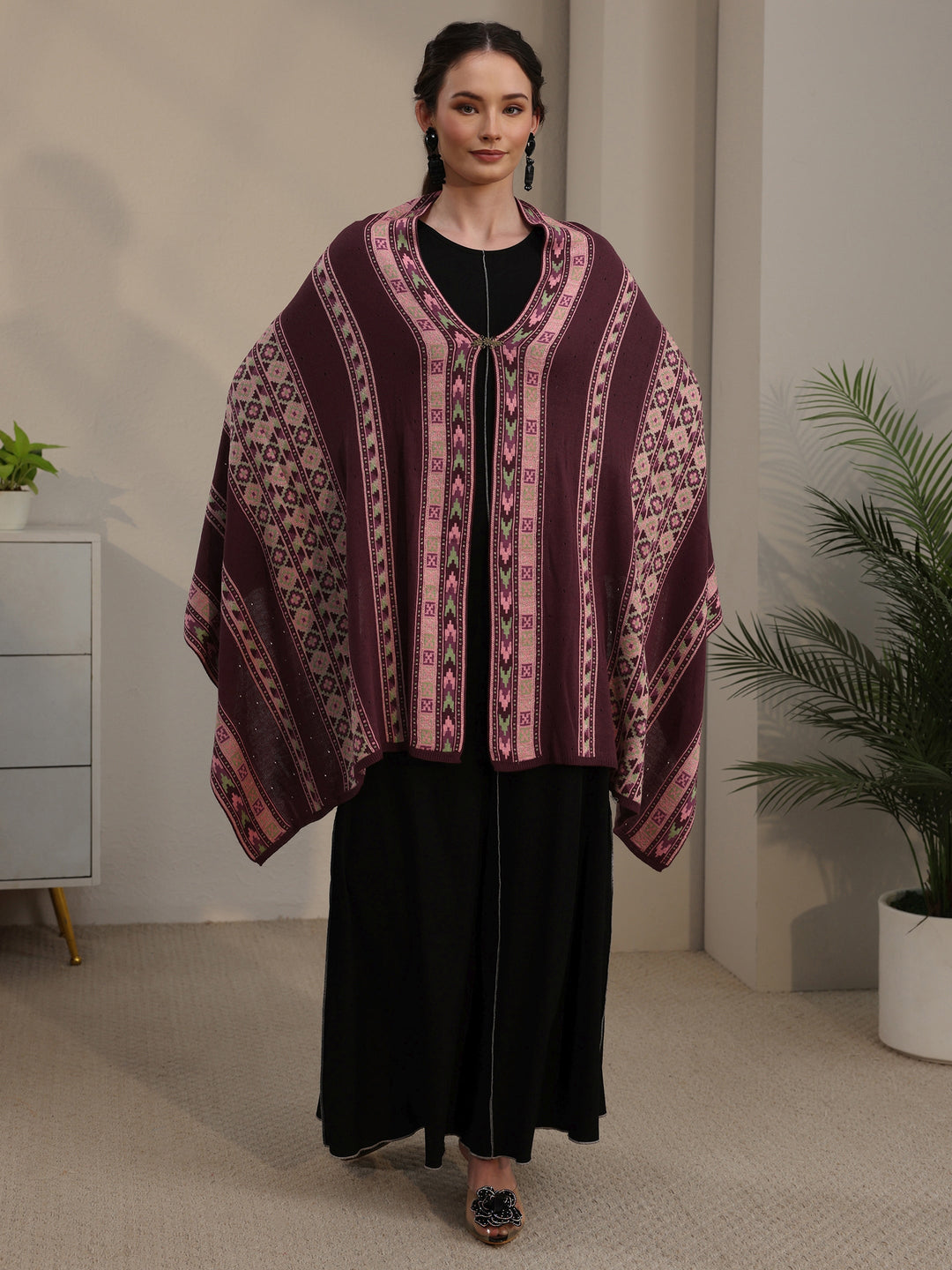 Libas Maroon Geometric Knitted Acrylic Wrap Shawl
