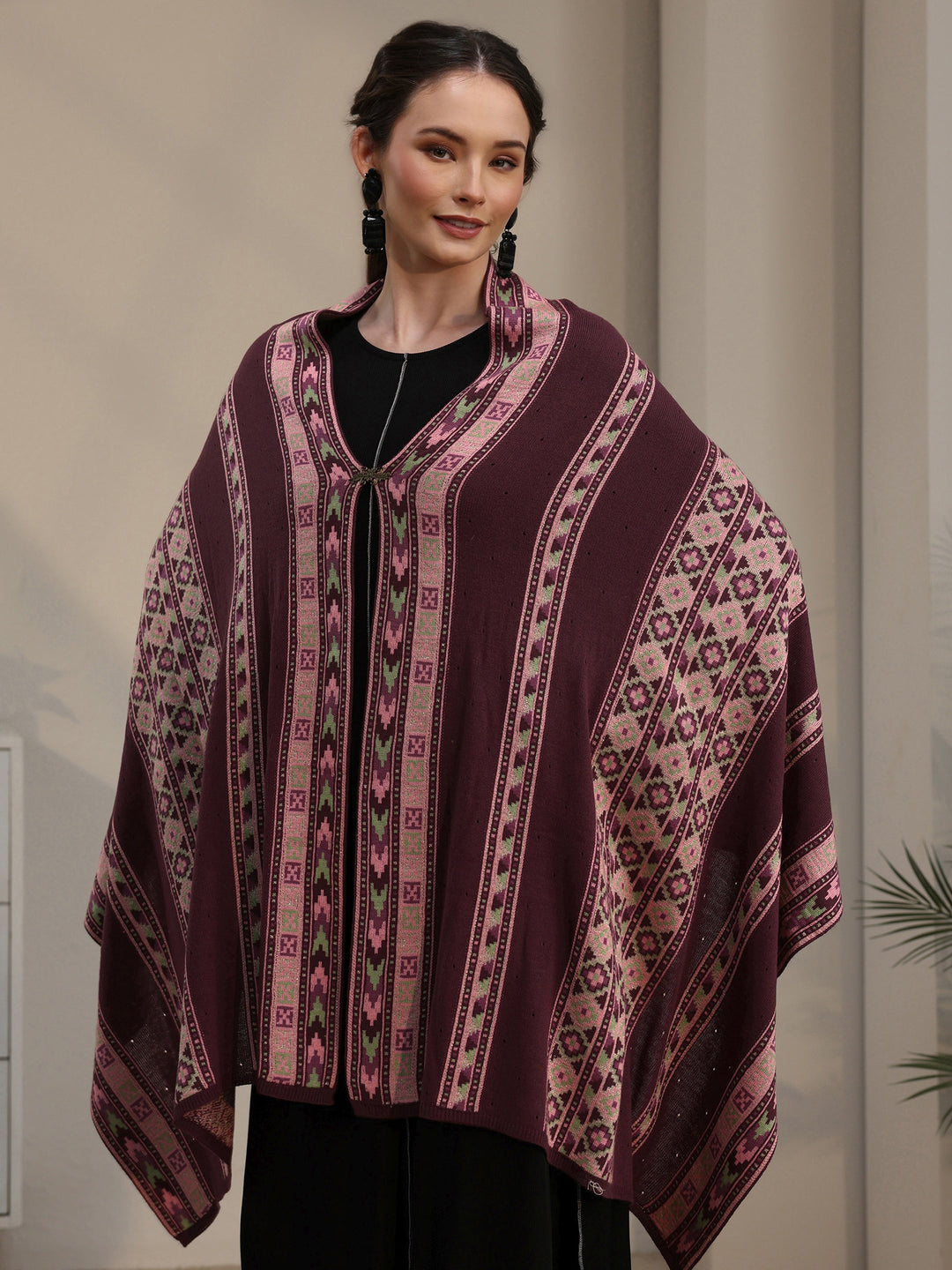 Libas Maroon Geometric Knitted Acrylic Wrap Shawl