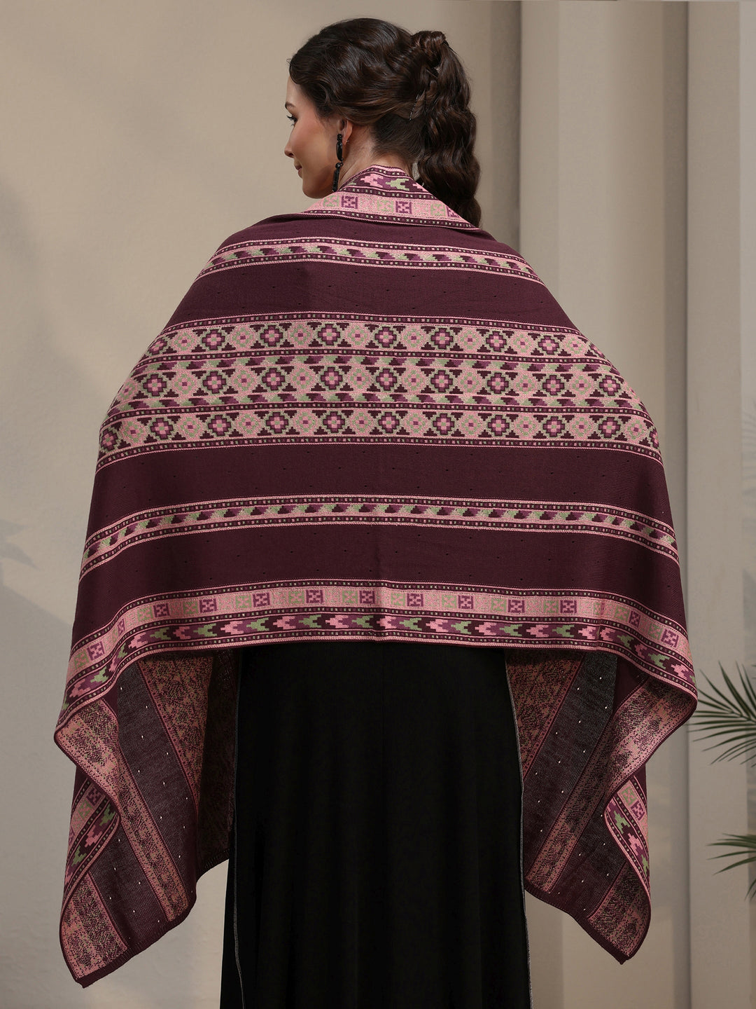 Libas Maroon Geometric Knitted Acrylic Wrap Shawl