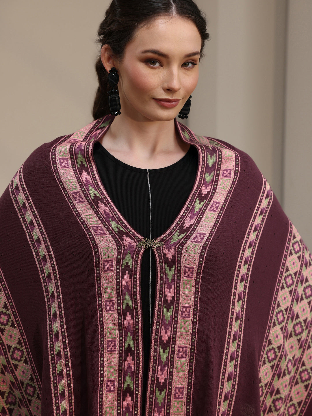 Libas Maroon Geometric Knitted Acrylic Wrap Shawl