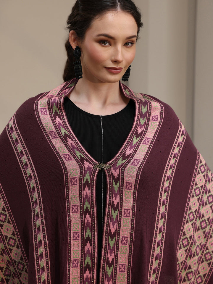 Libas Maroon Geometric Knitted Acrylic Wrap Shawl