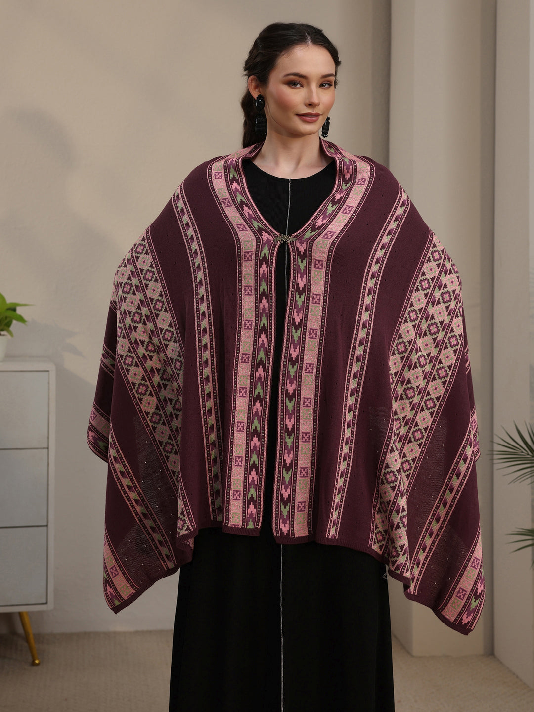 Libas Maroon Geometric Knitted Acrylic Wrap Shawl