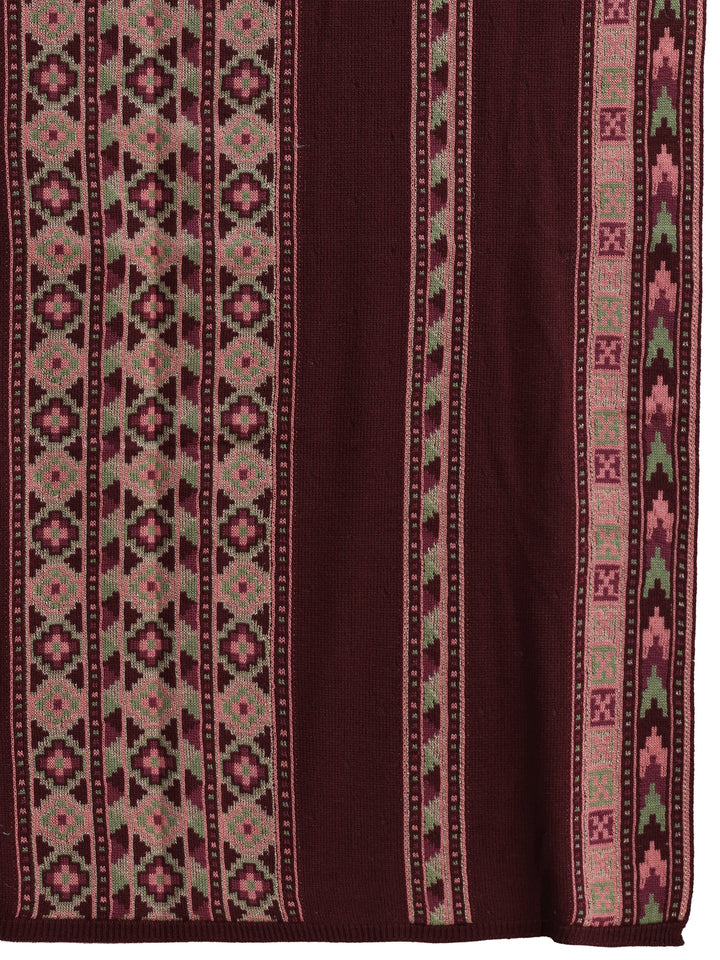 Libas Maroon Geometric Knitted Acrylic Wrap Shawl