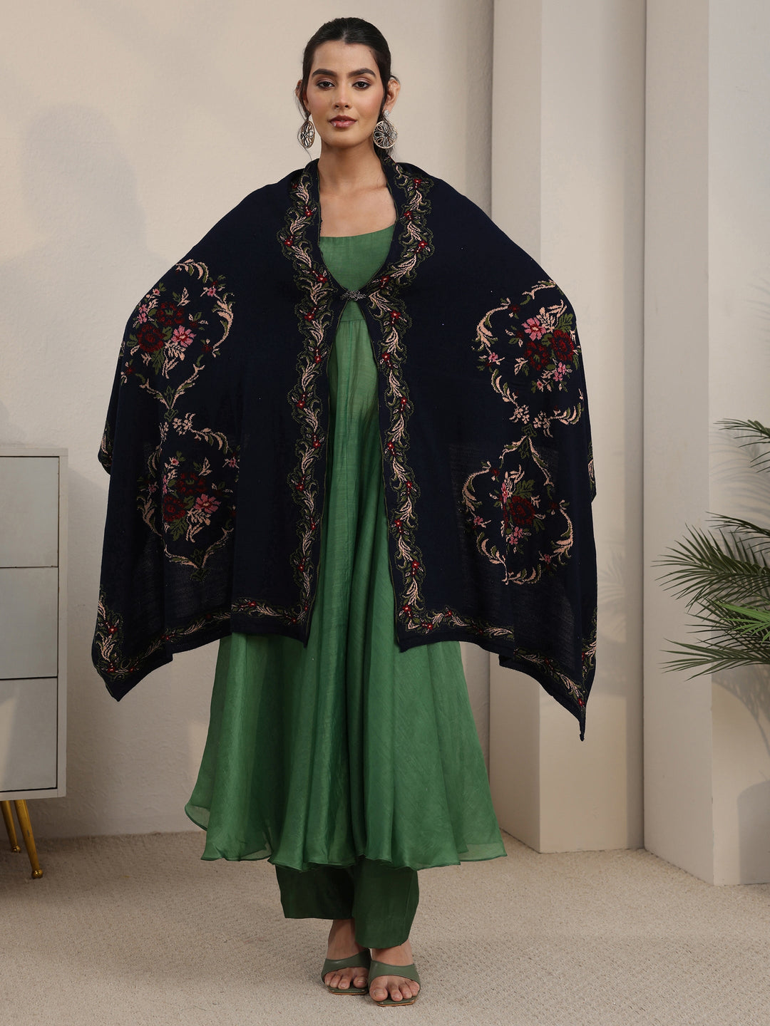 Libas Navy Blue Floral Knitted Acrylic Wrap Shawl