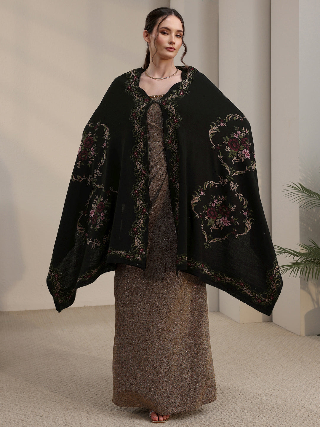 Libas Black Floral Knitted Acrylic Wrap Shawl