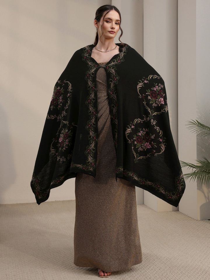 Libas Black Floral Knitted Acrylic Wrap Shawl