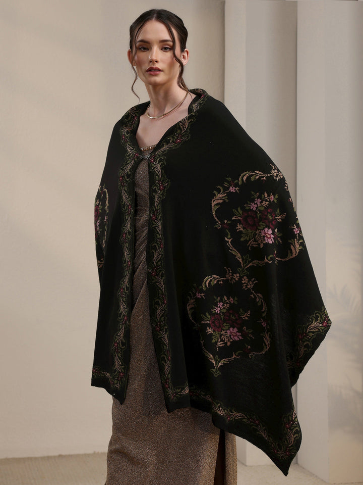 Libas Black Floral Knitted Acrylic Wrap Shawl