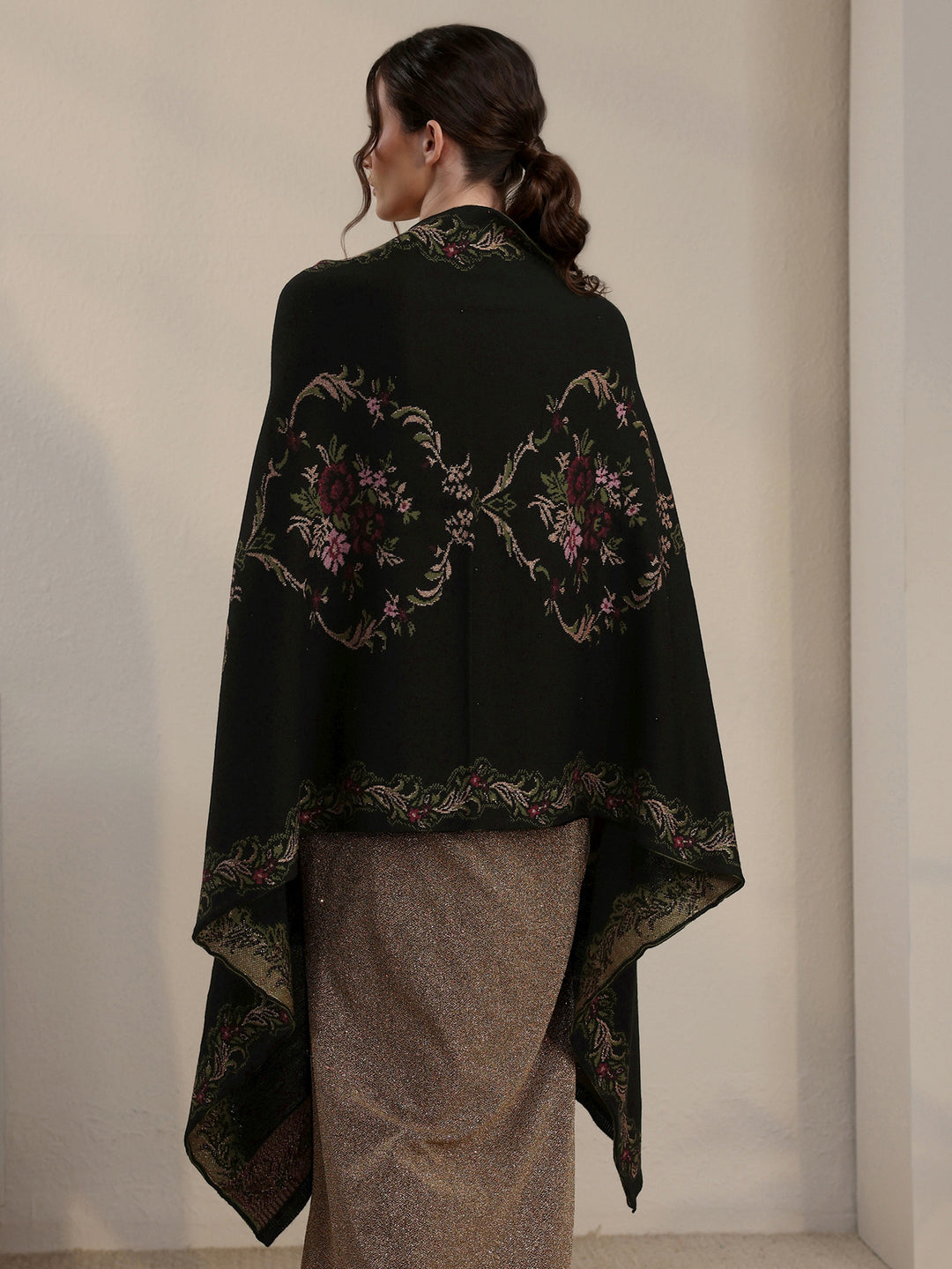 Libas Black Floral Knitted Acrylic Wrap Shawl