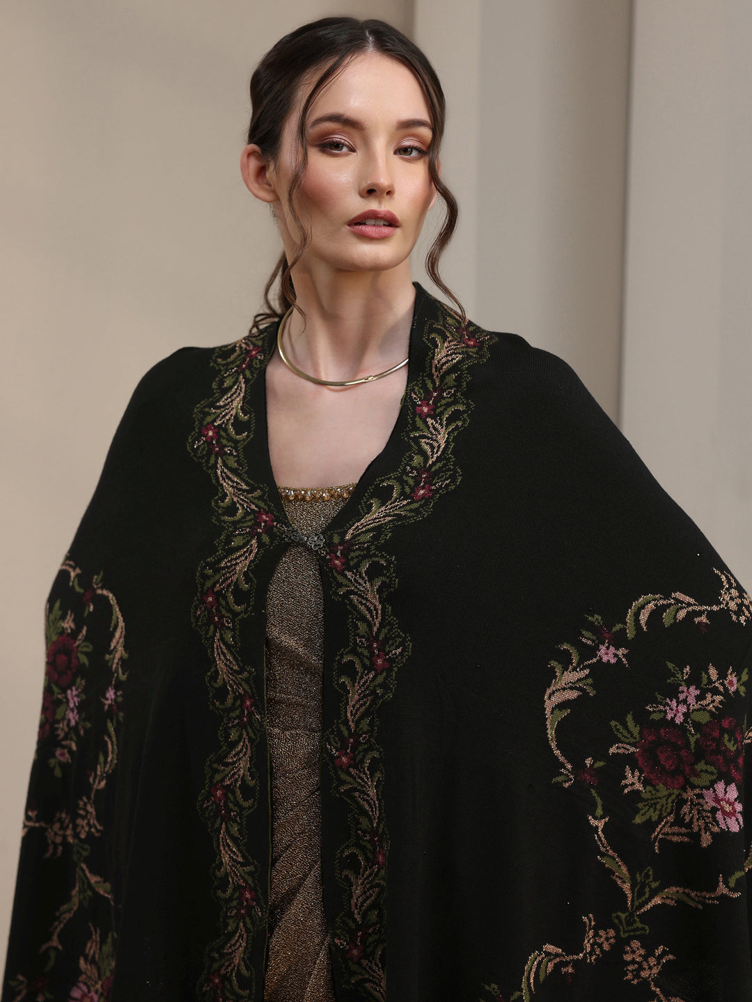 Libas Black Floral Knitted Acrylic Wrap Shawl