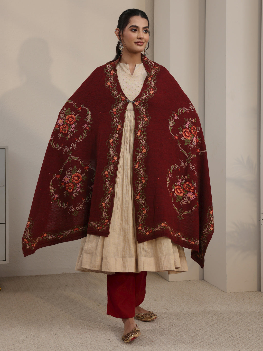 Libas Maroon Floral Knitted Acrylic Wrap Shawl