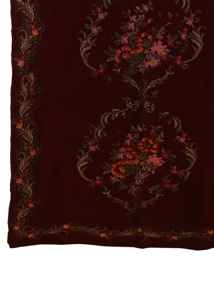 Libas Maroon Floral Knitted Acrylic Wrap Shawl