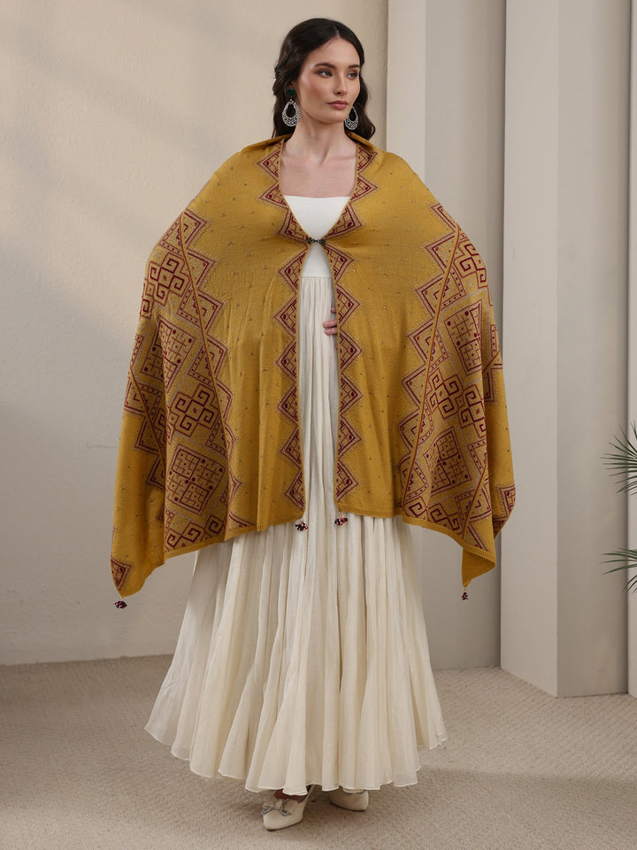 Libas Mustard Geometric Knitted Acrylic Wrap Shawl