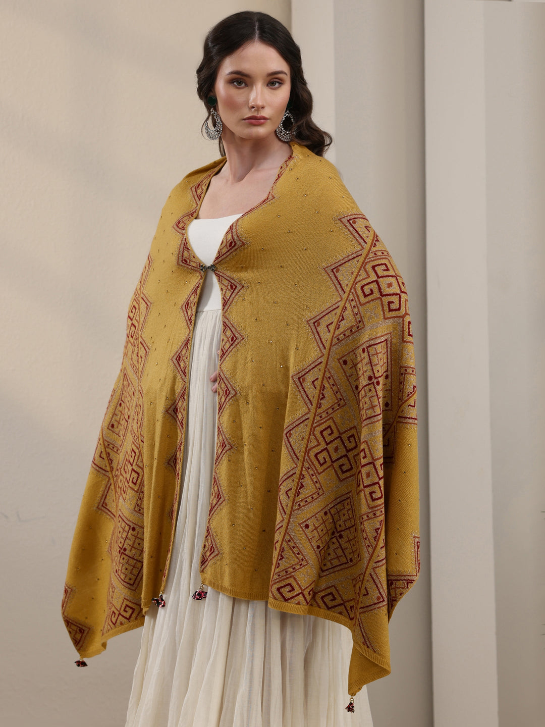 Libas Mustard Geometric Knitted Acrylic Wrap Shawl