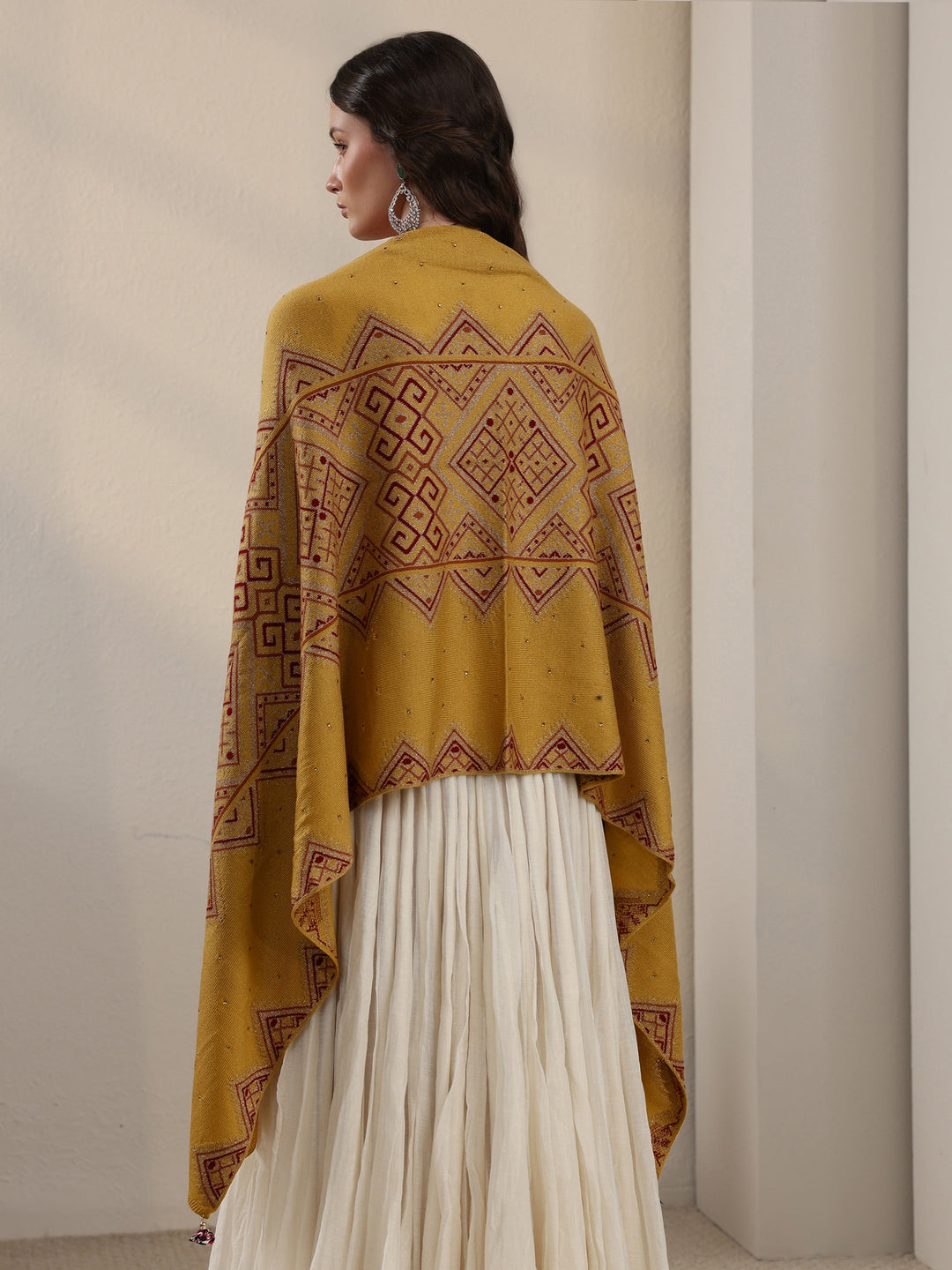 Libas Mustard Geometric Knitted Acrylic Wrap Shawl