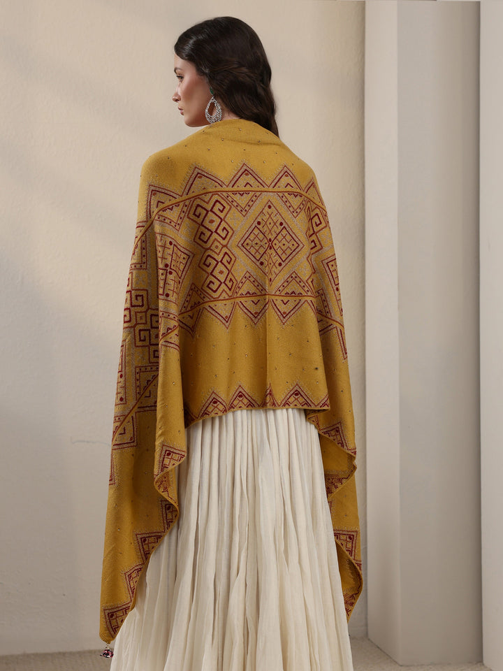 Libas Mustard Geometric Knitted Acrylic Wrap Shawl