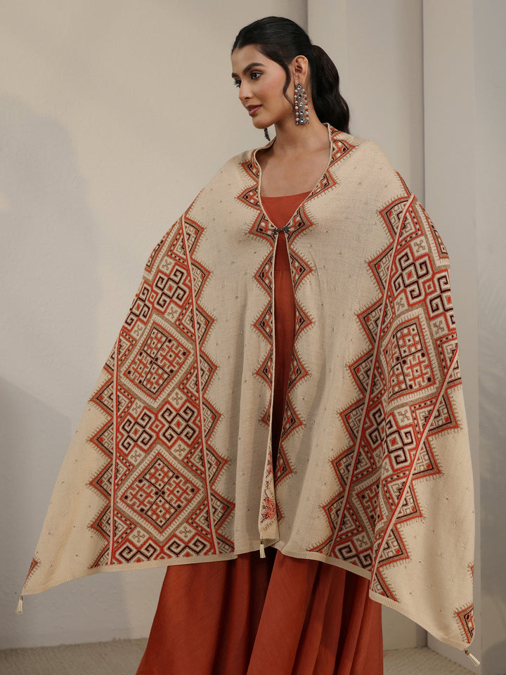 Libas Beige Geometric Knitted Acrylic Wrap Shawl