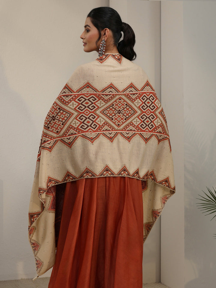 Libas Beige Geometric Knitted Acrylic Wrap Shawl