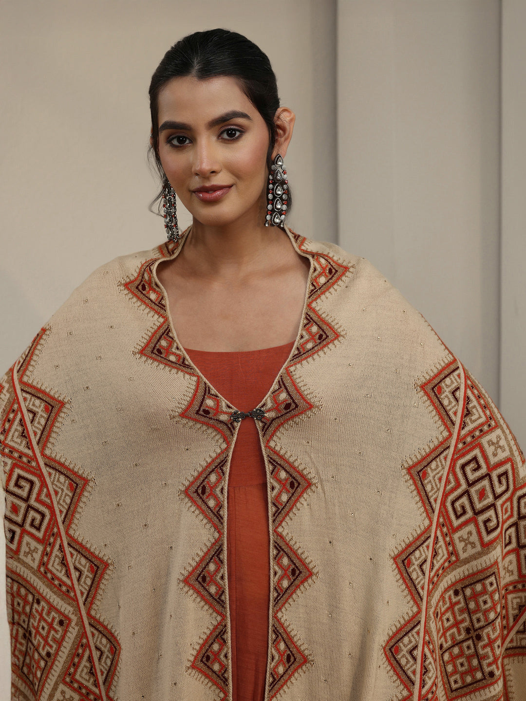 Libas Beige Geometric Knitted Acrylic Wrap Shawl
