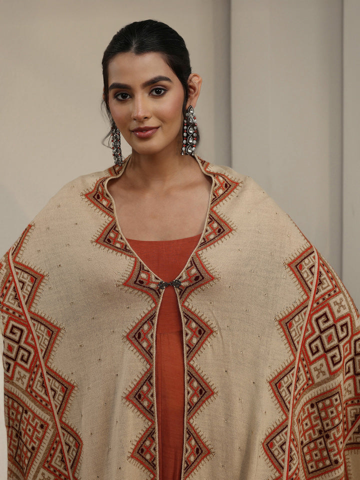 Libas Beige Geometric Knitted Acrylic Wrap Shawl