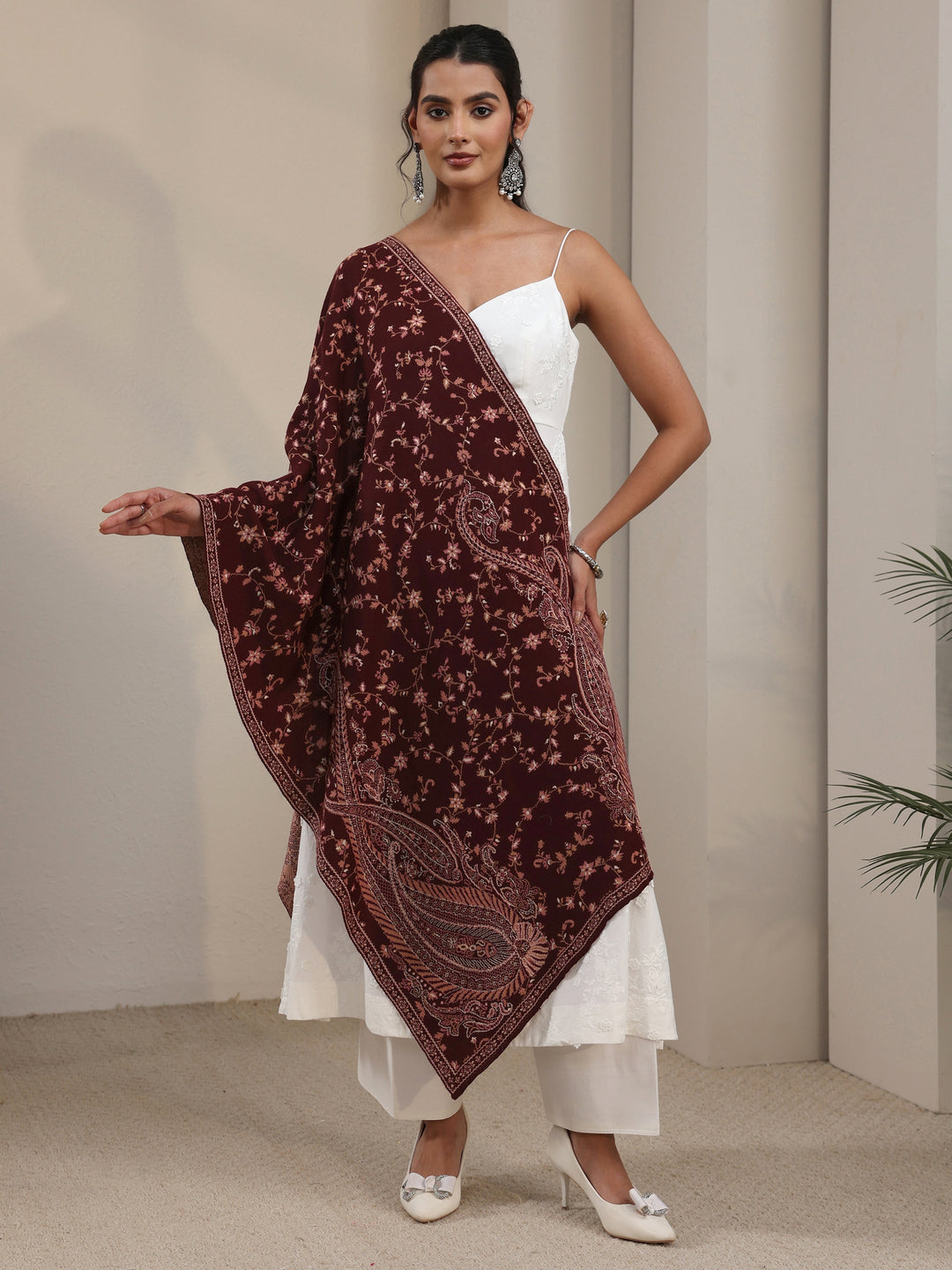 Libas Maroon Paisley Knitted Acrylic Shawl