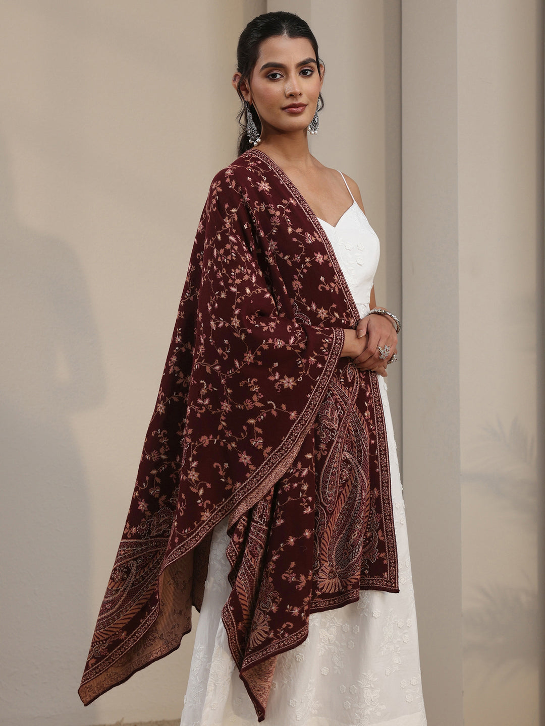 Libas Maroon Paisley Knitted Acrylic Shawl