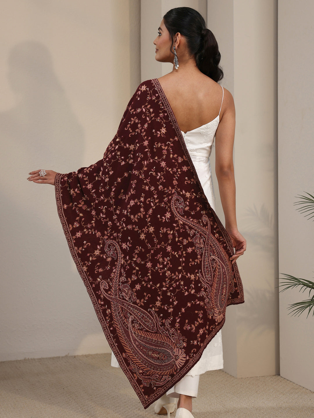 Libas Maroon Paisley Knitted Acrylic Shawl