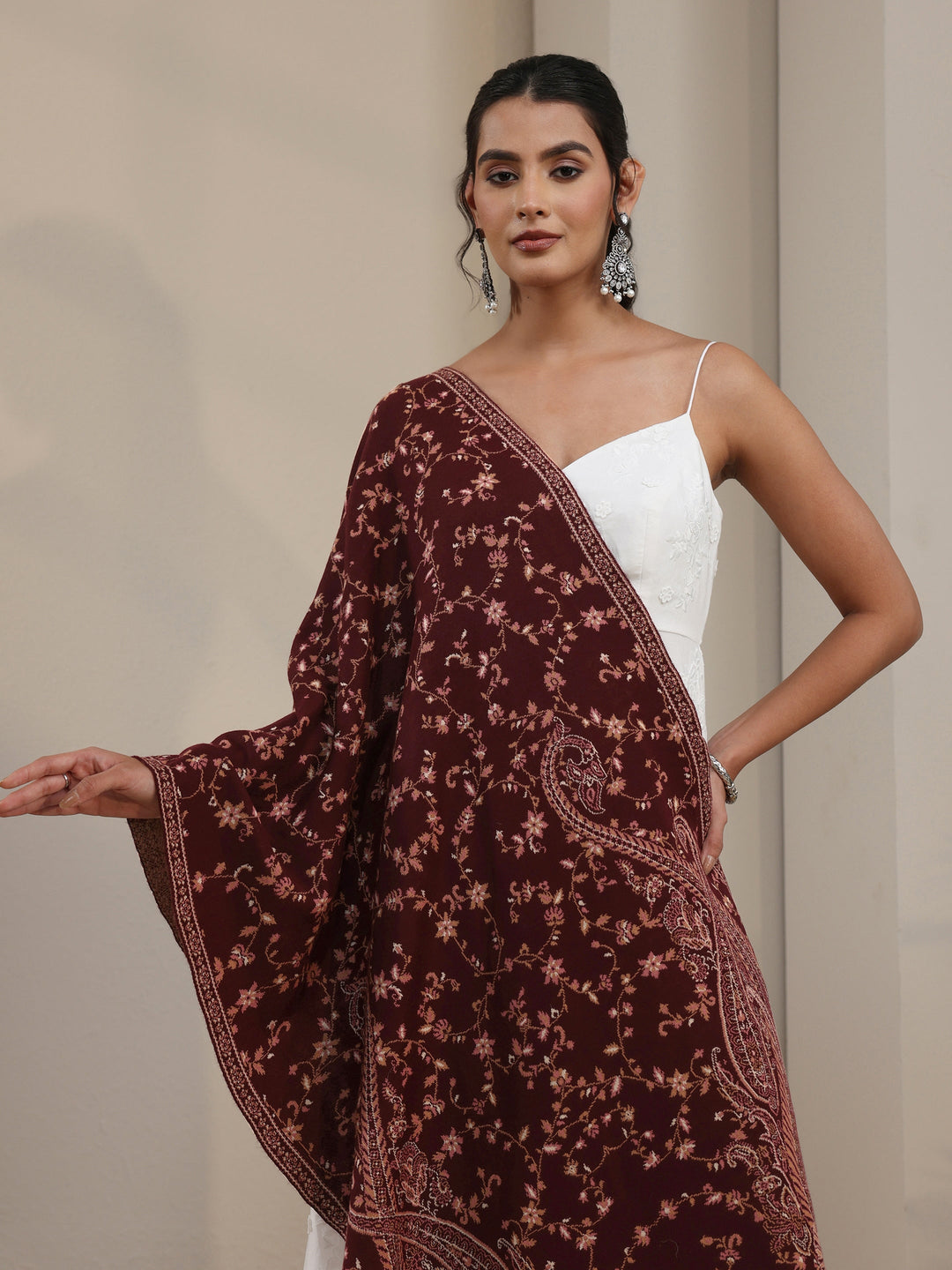 Libas Maroon Paisley Knitted Acrylic Shawl
