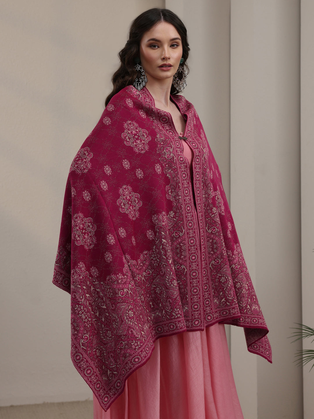 Libas Raspberry Pink Ethnic Knitted Acrylic Wrap Shawl