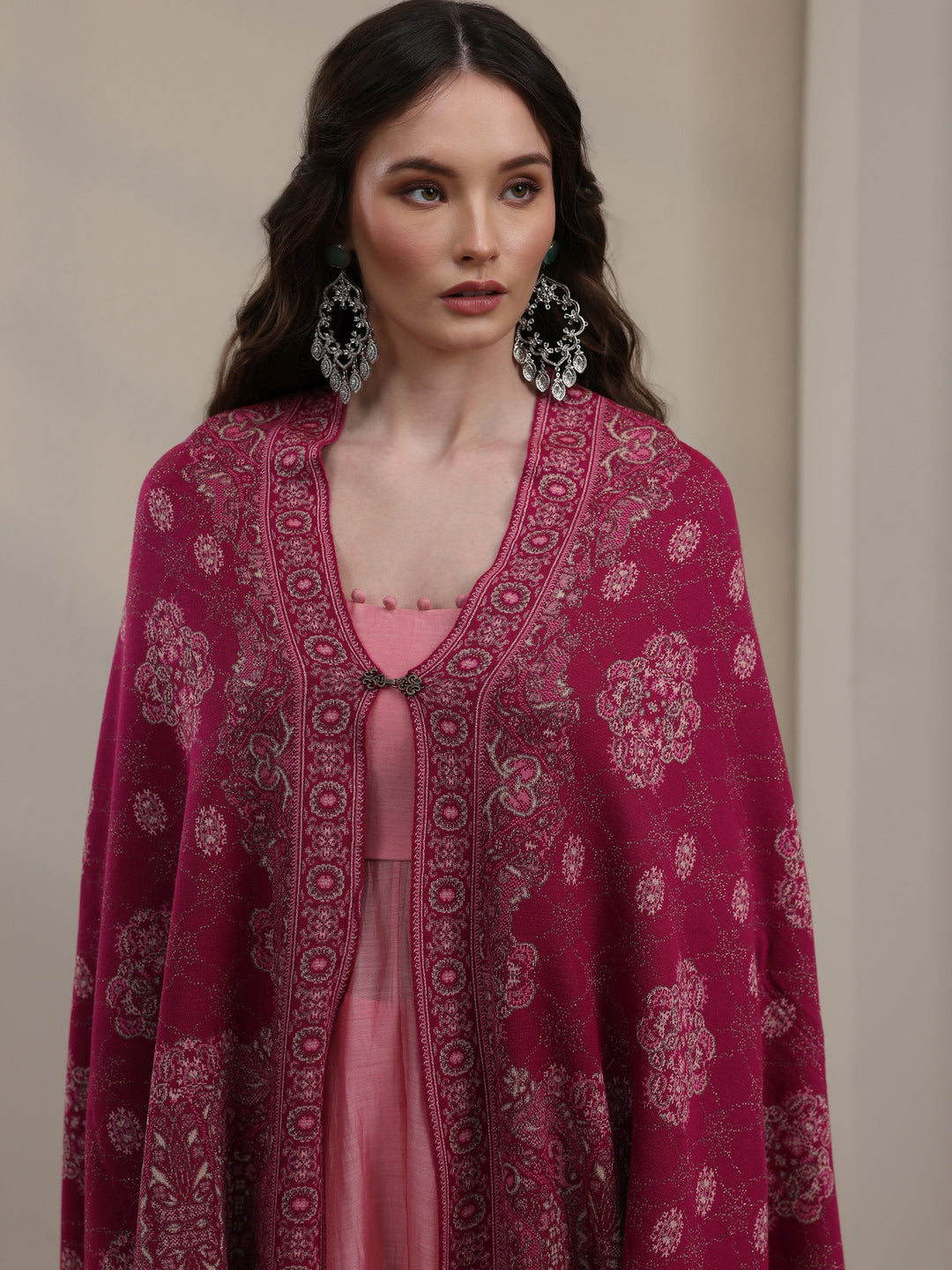 Libas Raspberry Pink Ethnic Knitted Acrylic Wrap Shawl