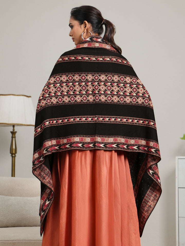 Libas Black Geometric Knitted Acrylic Wrap Shawl
