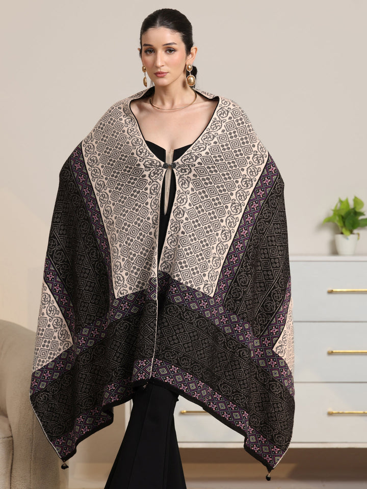 Libas Black Geometric Knitted Acrylic Wrap Shawl