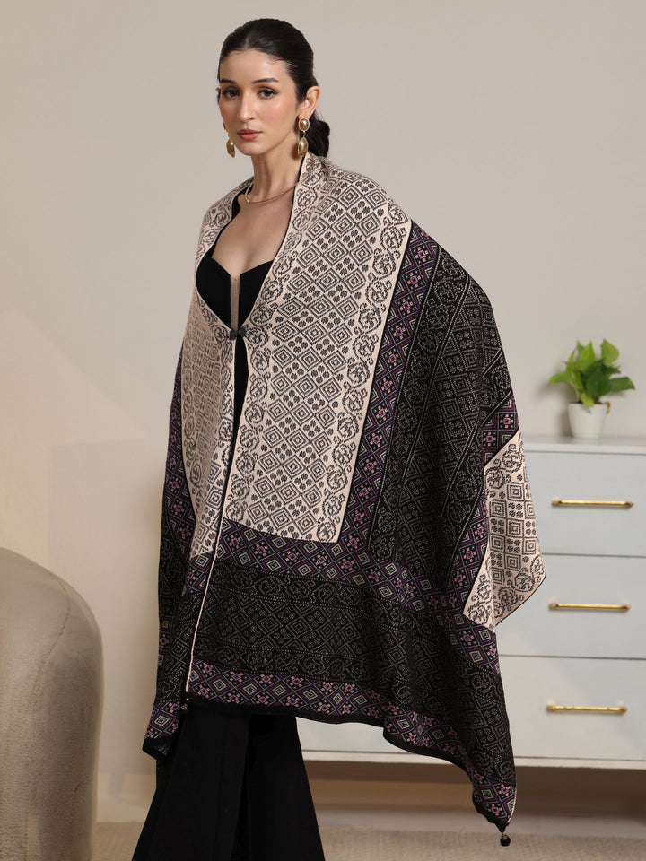 Libas Black Geometric Knitted Acrylic Wrap Shawl
