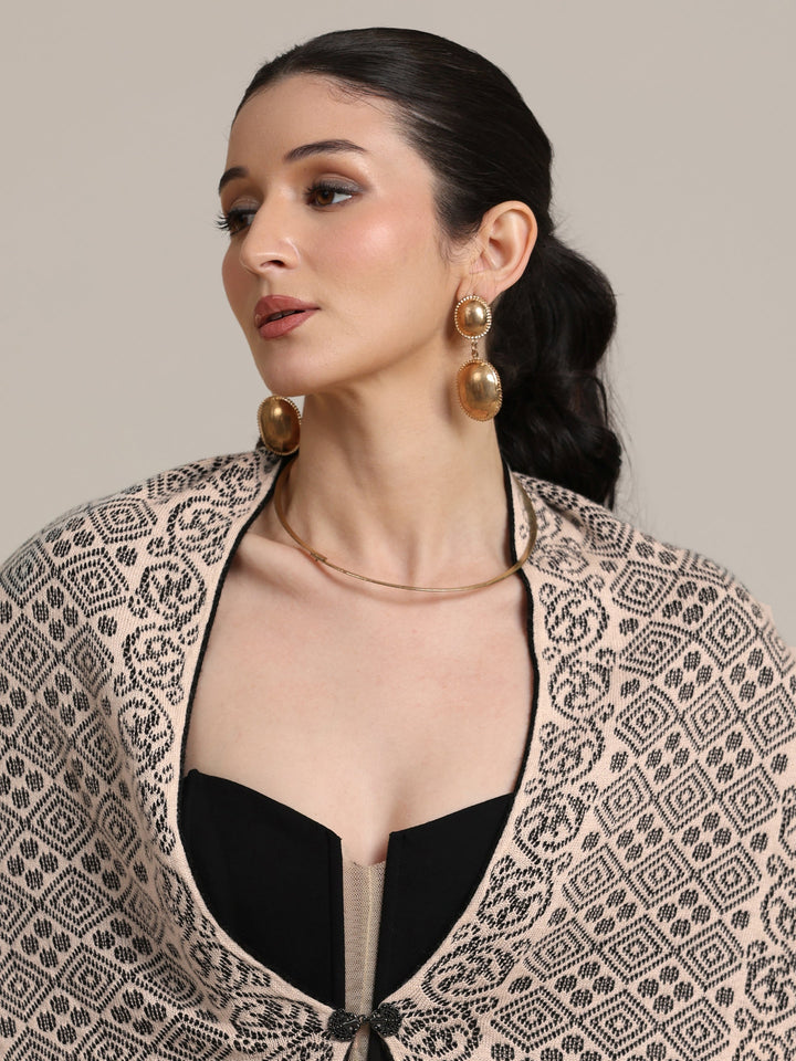 Libas Black Geometric Knitted Acrylic Wrap Shawl