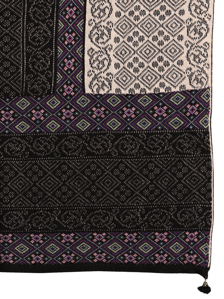 Libas Black Geometric Knitted Acrylic Wrap Shawl