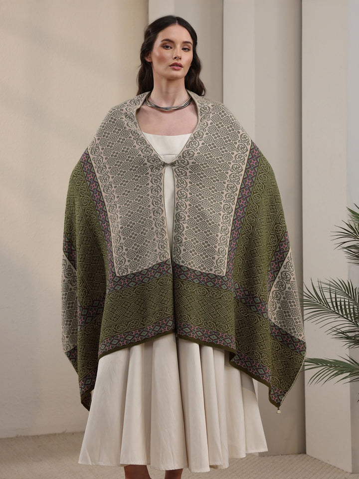 Libas Green Ethnic Knitted Acrylic Wrap Shawl