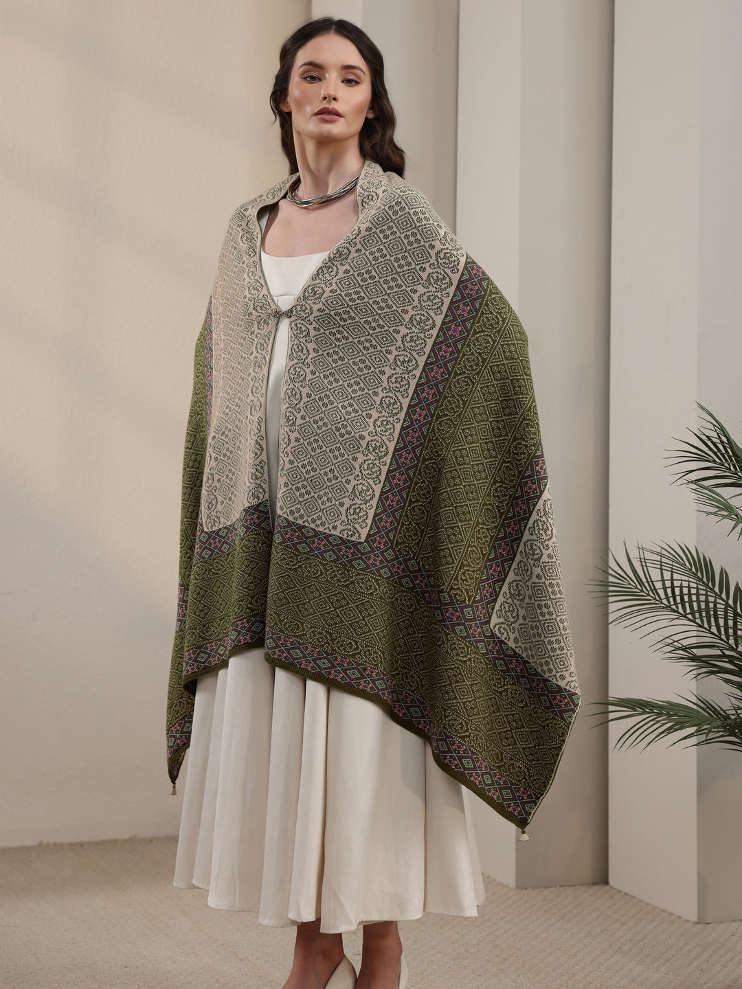 Libas Green Ethnic Knitted Acrylic Wrap Shawl