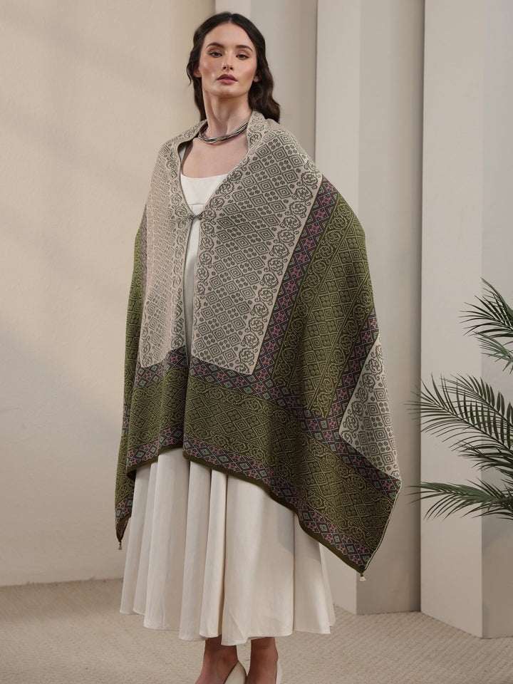 Libas Green Ethnic Knitted Acrylic Wrap Shawl