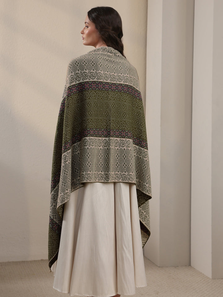 Libas Green Ethnic Knitted Acrylic Wrap Shawl