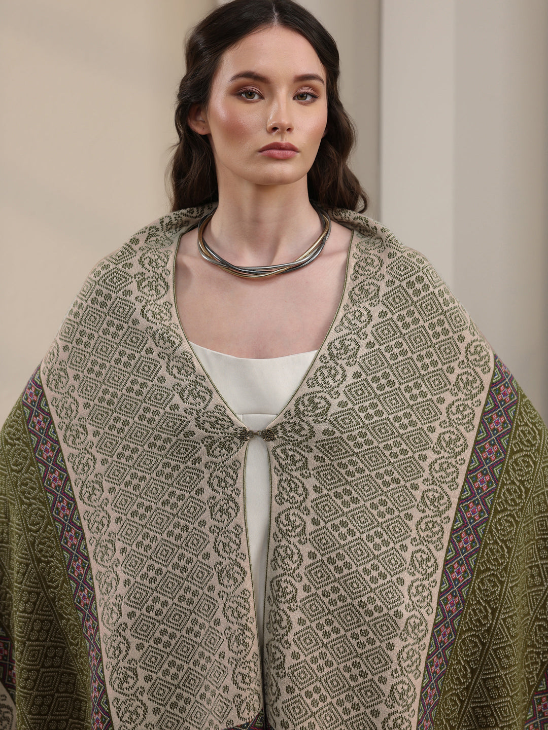 Libas Green Ethnic Knitted Acrylic Wrap Shawl